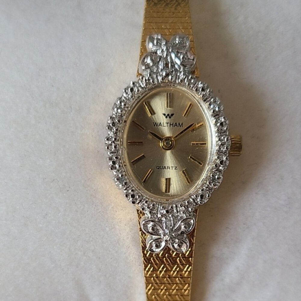 WALTHAM Vintage cocktail gold watch with silver bezel circa 1960s 70s - Picture 4 of 14